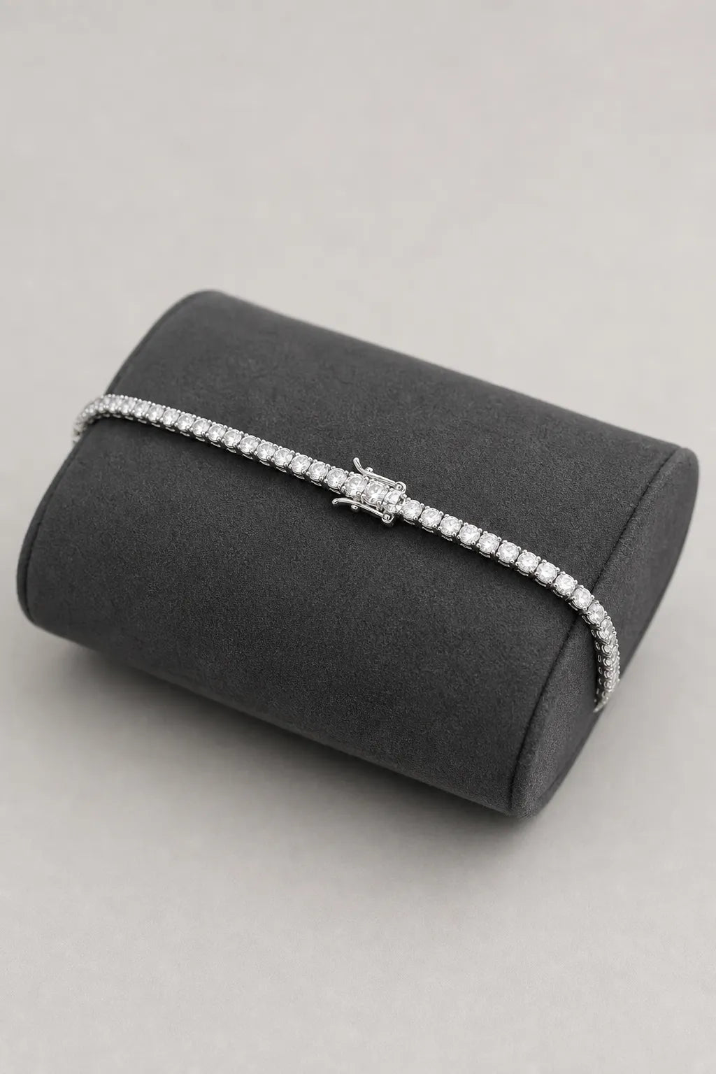 3mm Tennis Bracelet — 3mm tennis bracelet — silver-tone — on a display cushion
