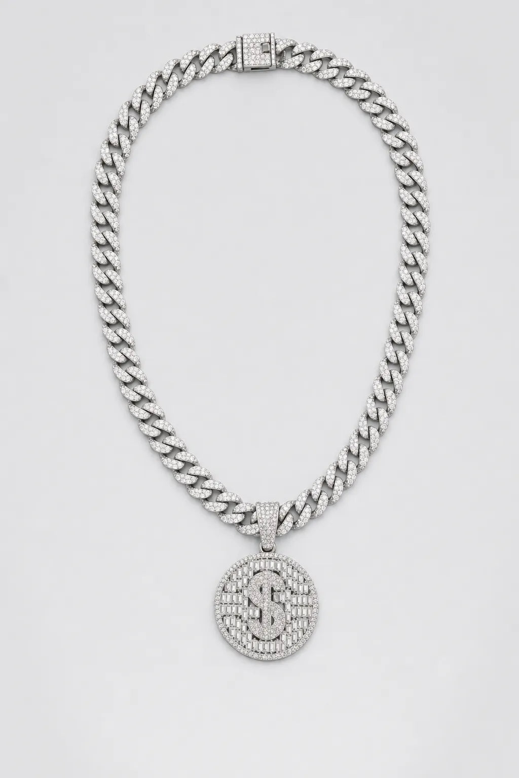 Collier Dollar bling bling — variante Argent sur fond gris