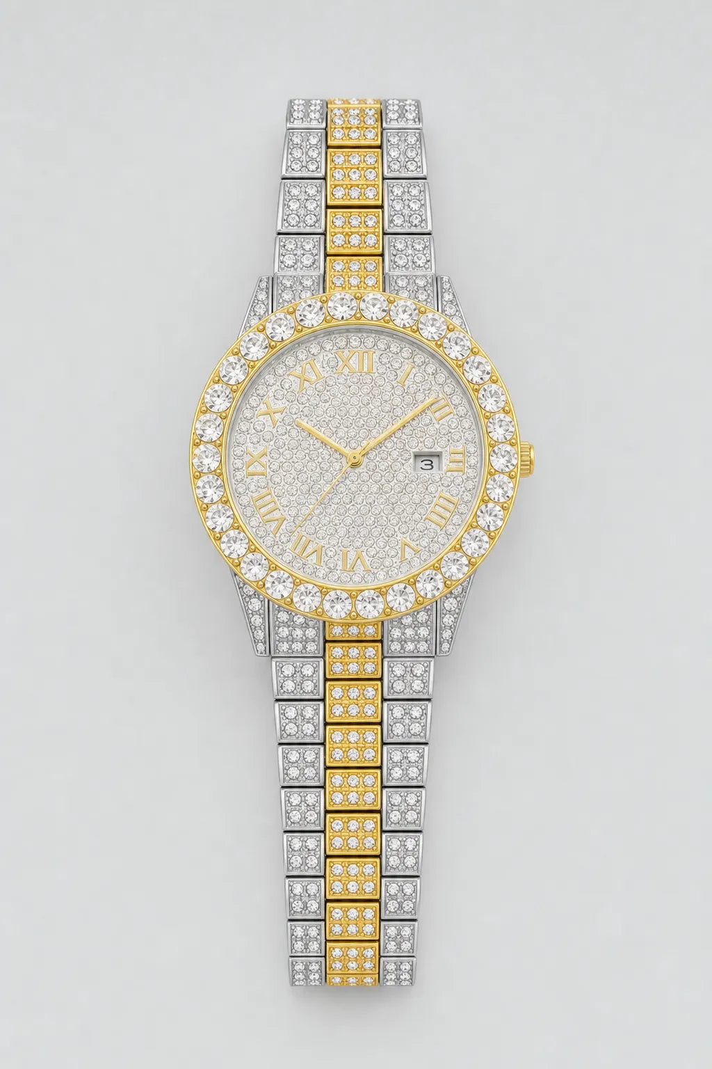 Montre Moissanite — variante Argent-Or sur fond gris
