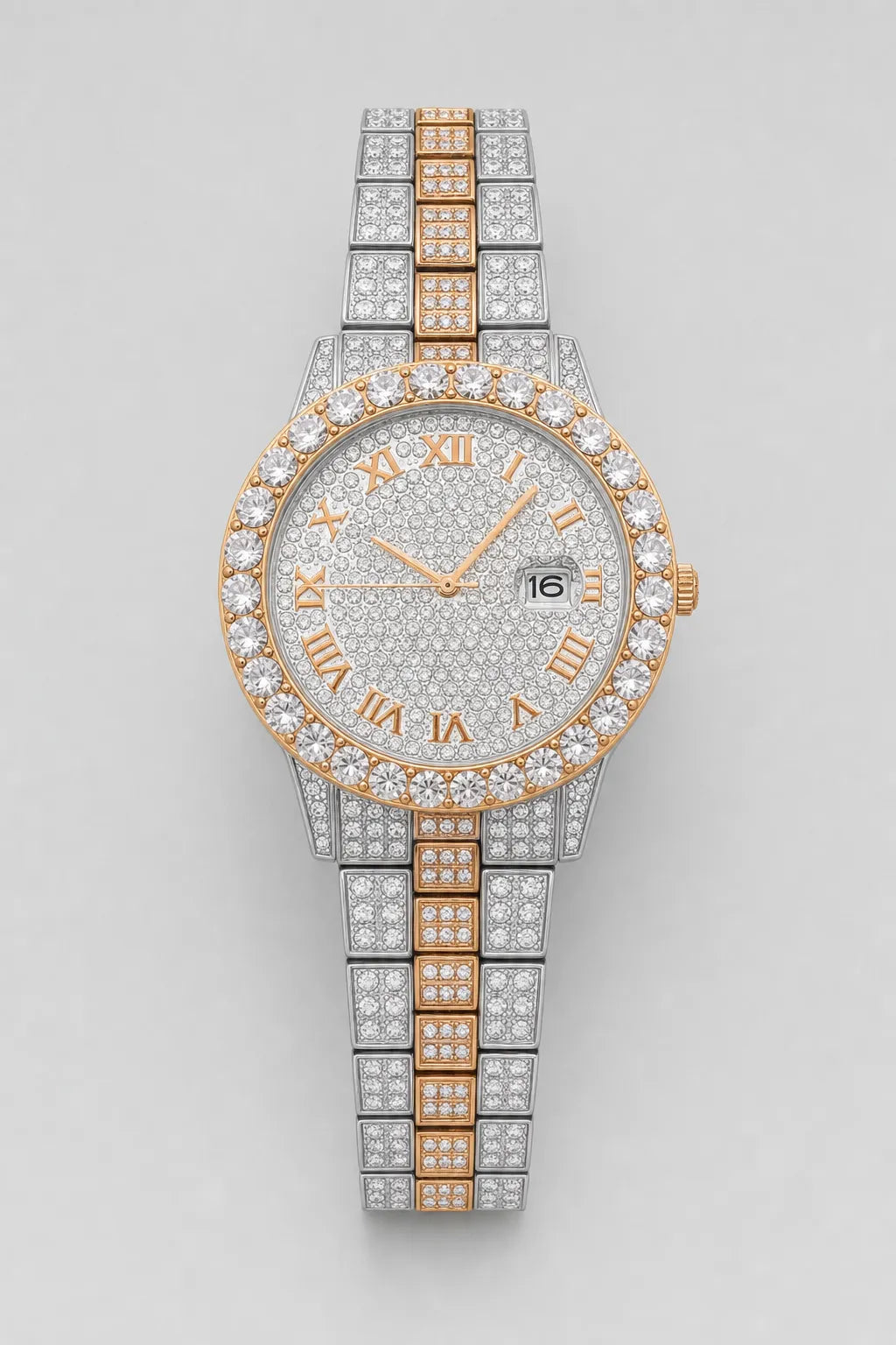 Montre Moissanite — variante Rose-Argent-Or sur fond gris