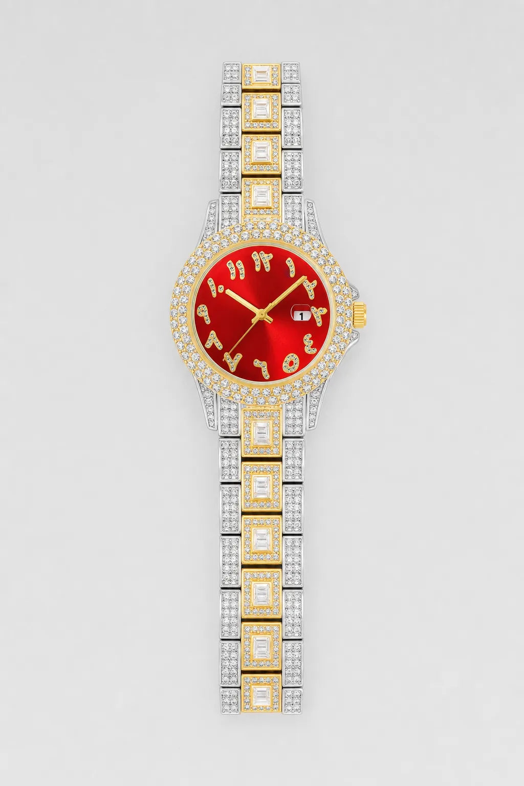 Montre rappeur en Diamant — variante Rouge-Or-Argent sur fond gris