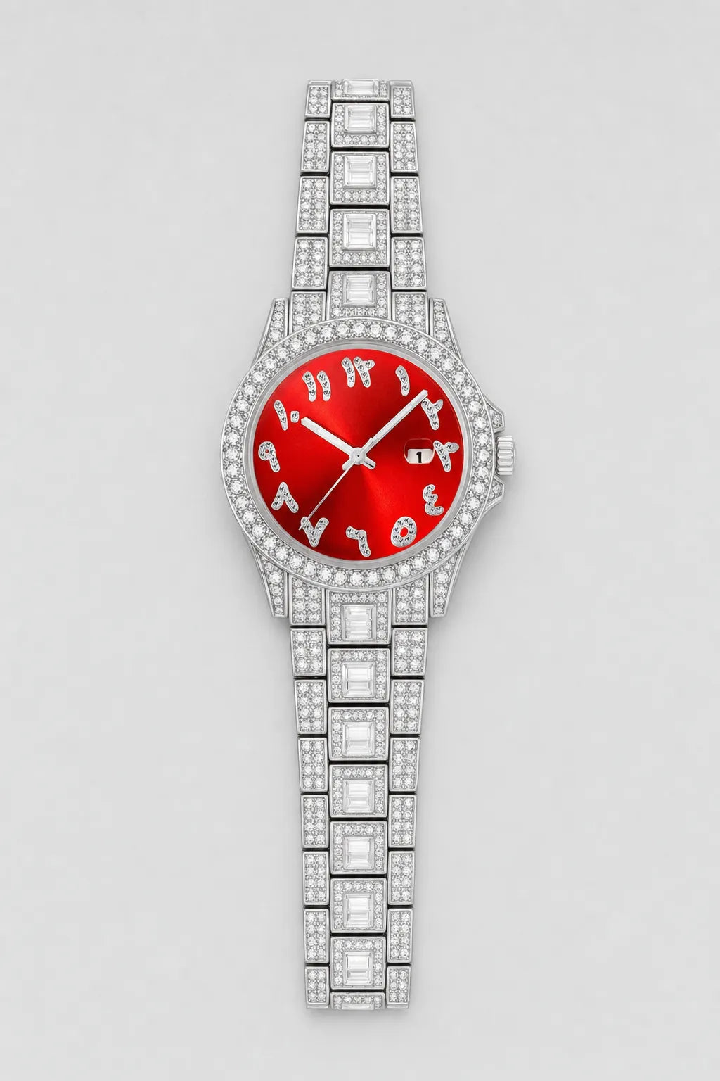 Montre rappeur en Diamant — variante Rouge-Argent sur fond gris