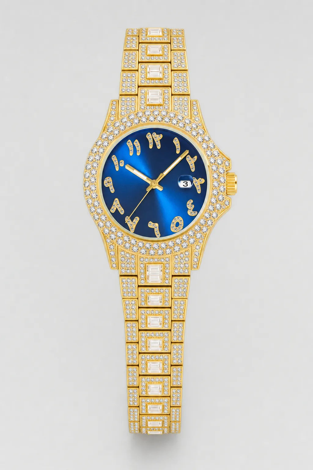 Montre rappeur en Diamant — variante Bleu-Or sur fond gris